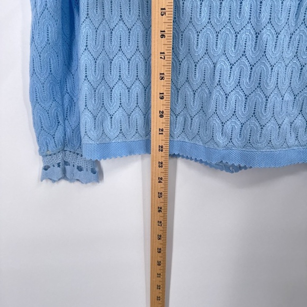 Vintage 70s Blue Open Knit Cardigan Womens M Lace Coquette Pastel Feminine Cute - Picture 7 of 8